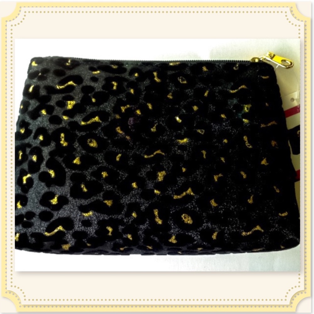 🆕 Black Gold Velvet Leopard Zipper Makeup or Accessories Case NWT
